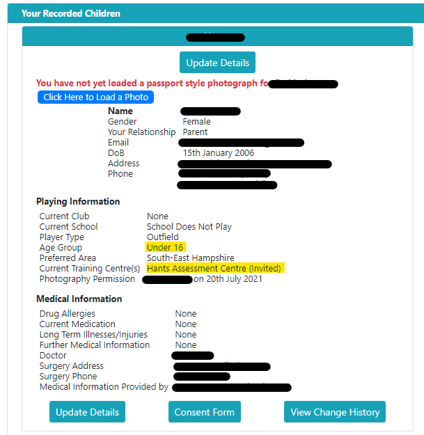 A screen shot of a child 's medical information