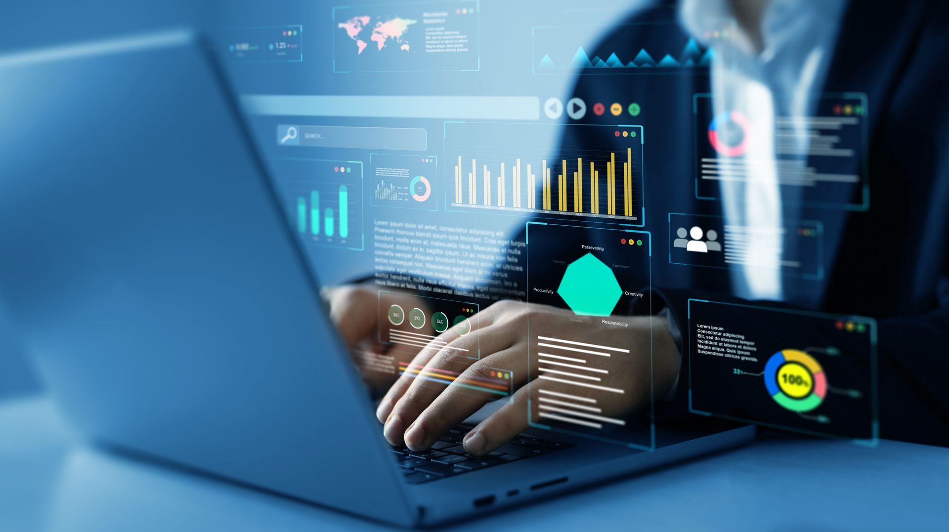 Person using laptop with data visualization overlay, analyzing charts and graphs.