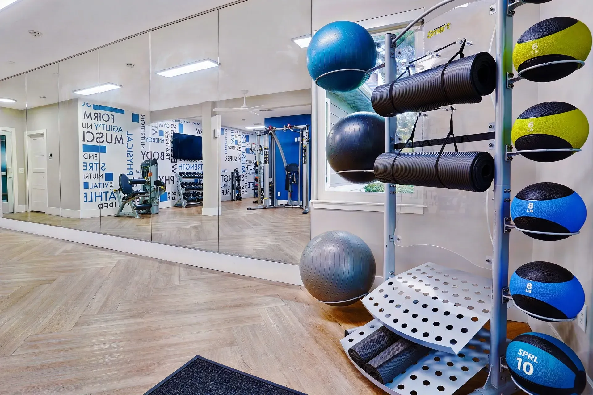 Fitness center with weights, medicine balls, yoga mats, and mirrors.
