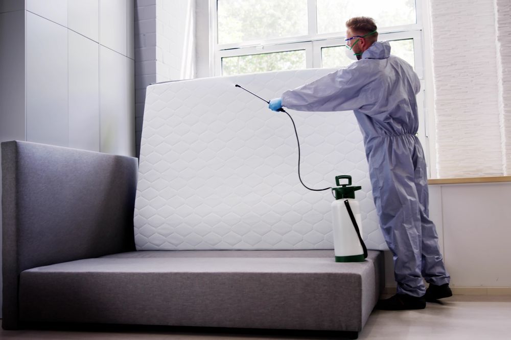 A person in a protective suit sprays disinfectant on a mattress leaning against a bed frame in a room.