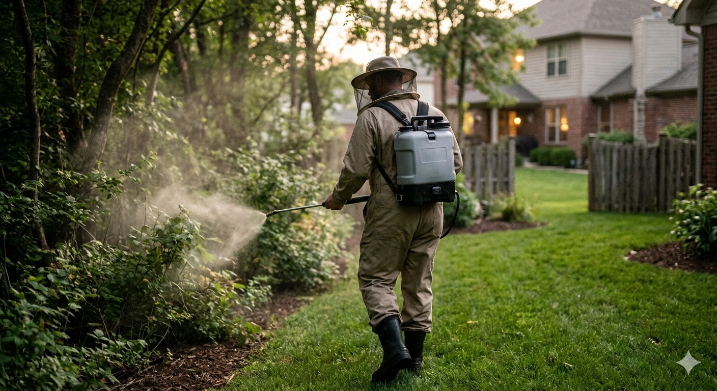 A person in protective gear uses a backpack sprayer to treat bushes in a residential backyard.