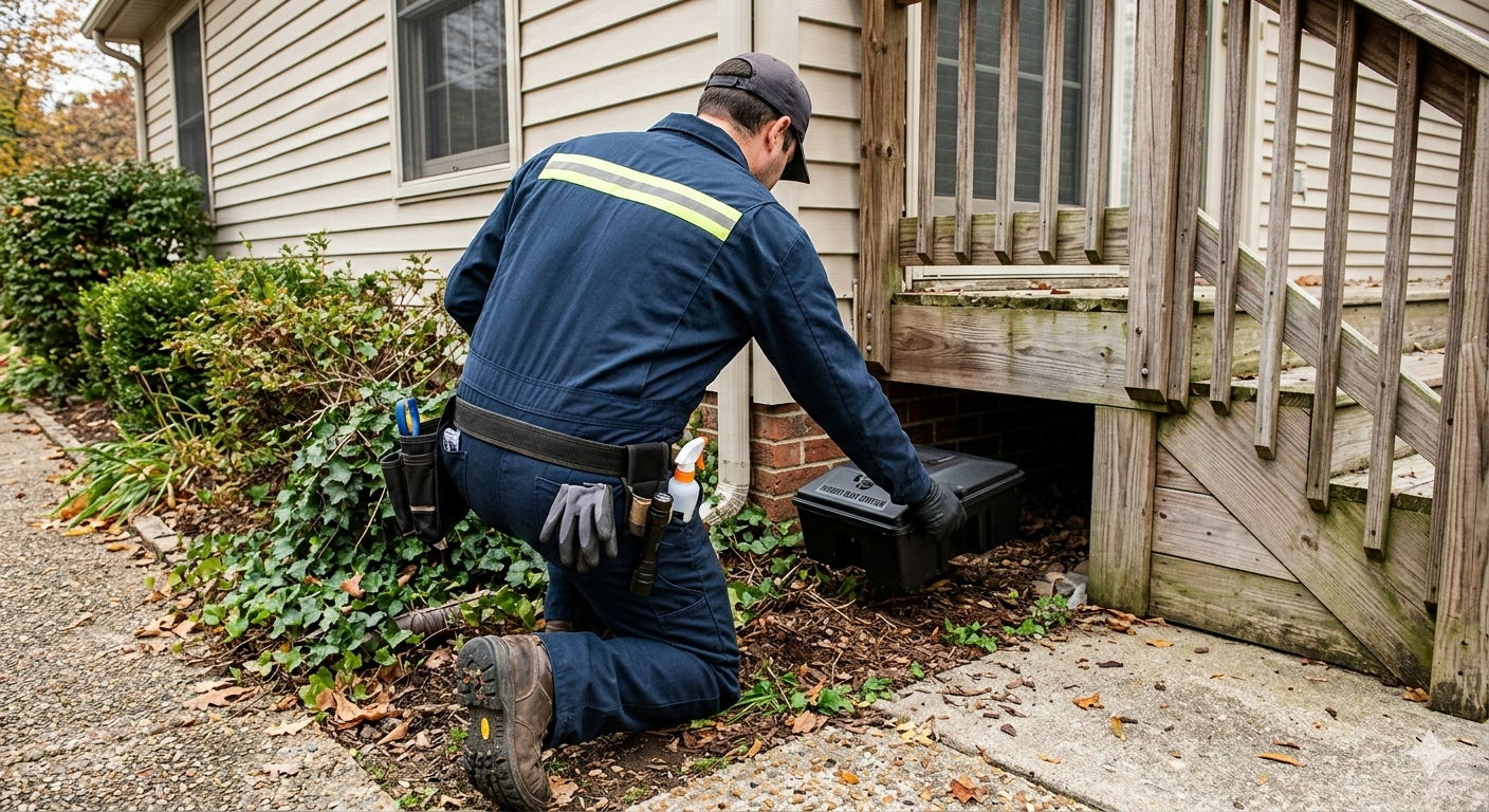 A technician in a navy work uniform kneels by the side of a house, placing a black rodent bait station under the deck.