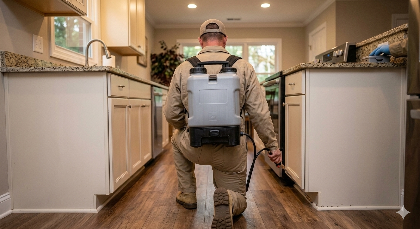 A technician in tan workwear kneels in a kitchen while wearing a grey backpack sprayer for pest or cleaning treatment.