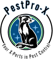 A circular logo for "PestPro-X" featuring a stylized ferret against a blue, star-spotted background with black text.
