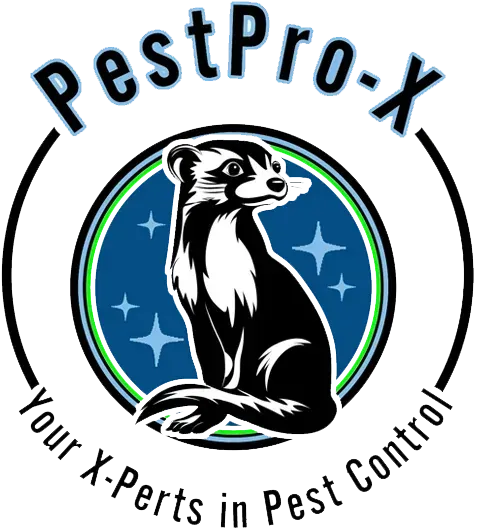 A circular logo for "PestPro-X" featuring a stylized ferret against a blue, star-spotted background with black text.