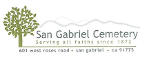 Logo for San Gabriel Cemetery, with a tree, mountains, and text: