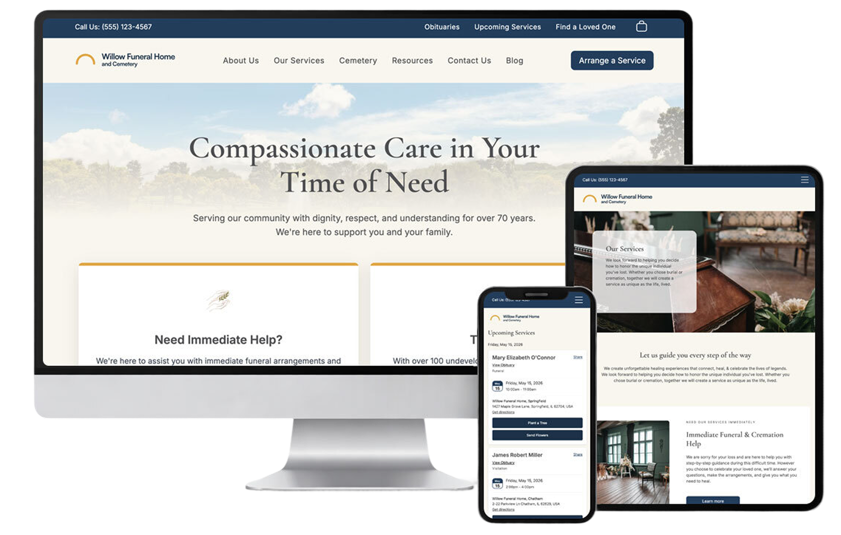 Website displayed on a desktop, tablet, and phone screen: