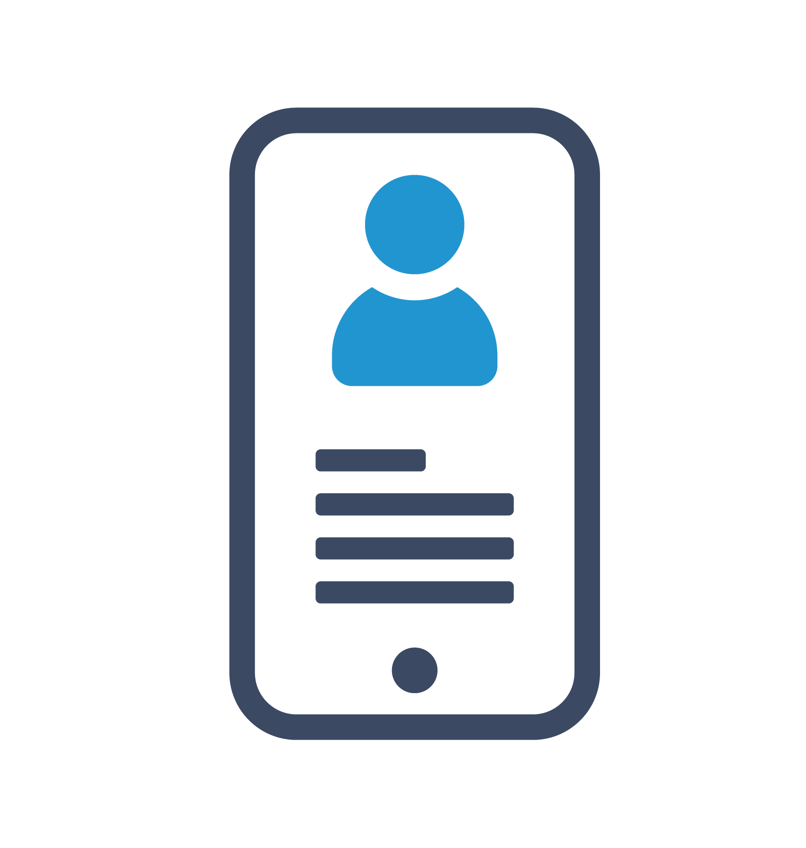 A blue and dark gray icon of a smartphone displaying a user profile with a head-and-shoulders avatar and text lines.
