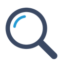 A dark blue magnifying glass icon with a light blue curved highlight in the top left corner.