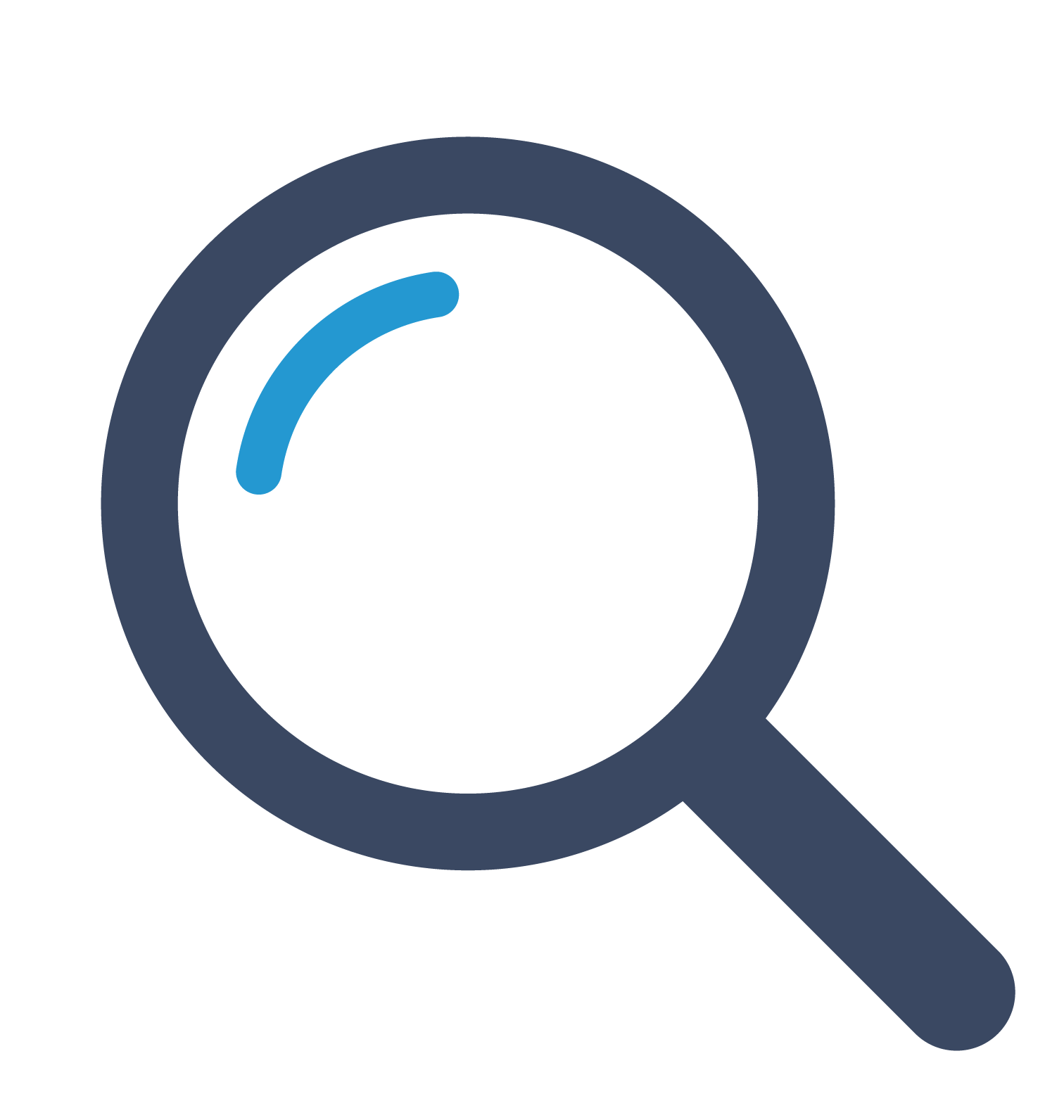 A dark blue magnifying glass icon with a light blue curved highlight in the top left.