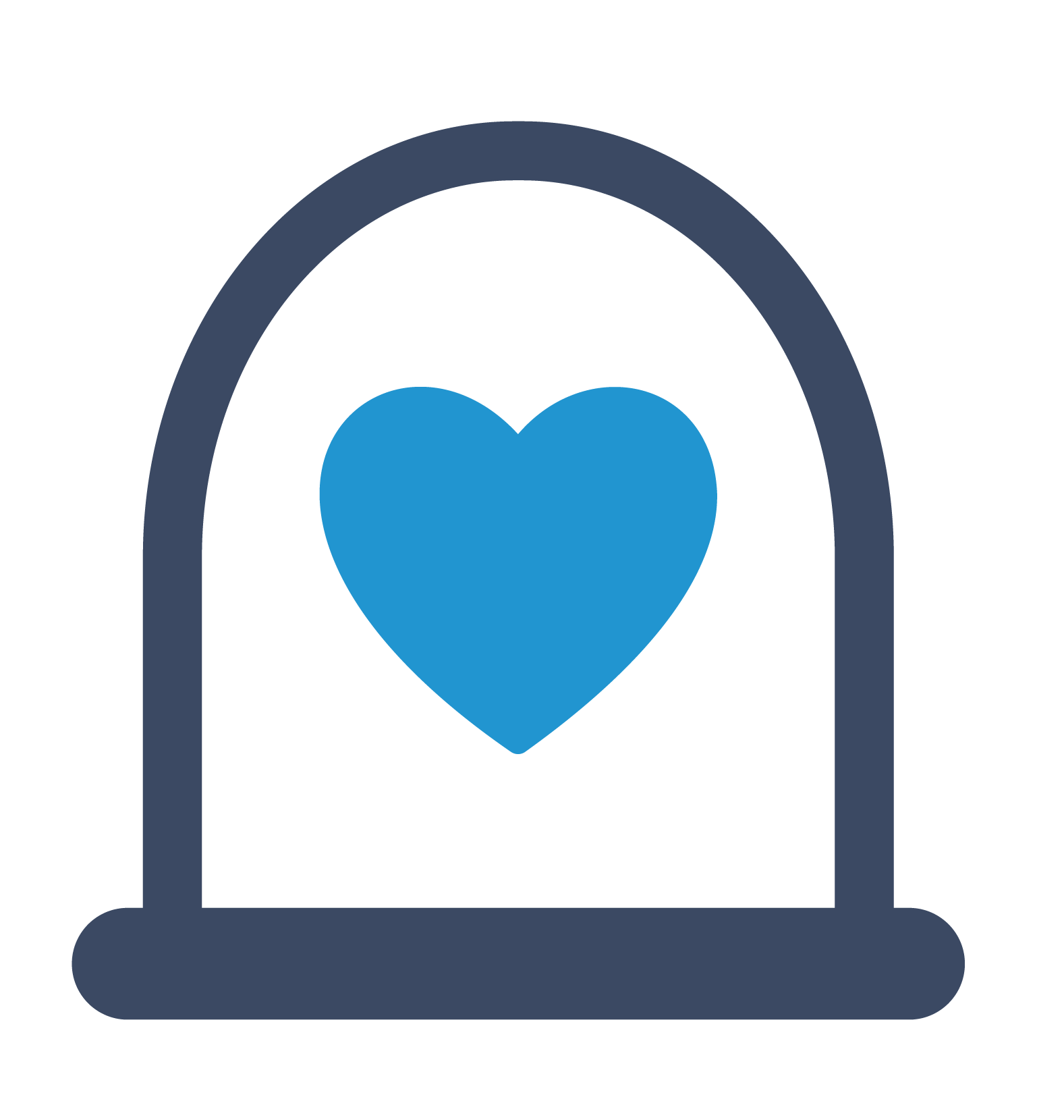 A blue heart icon centered inside a dark blue archway frame on a white background.