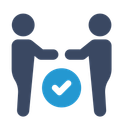 Two dark blue figures facing each other with hands extended over a light blue circle containing a white checkmark.