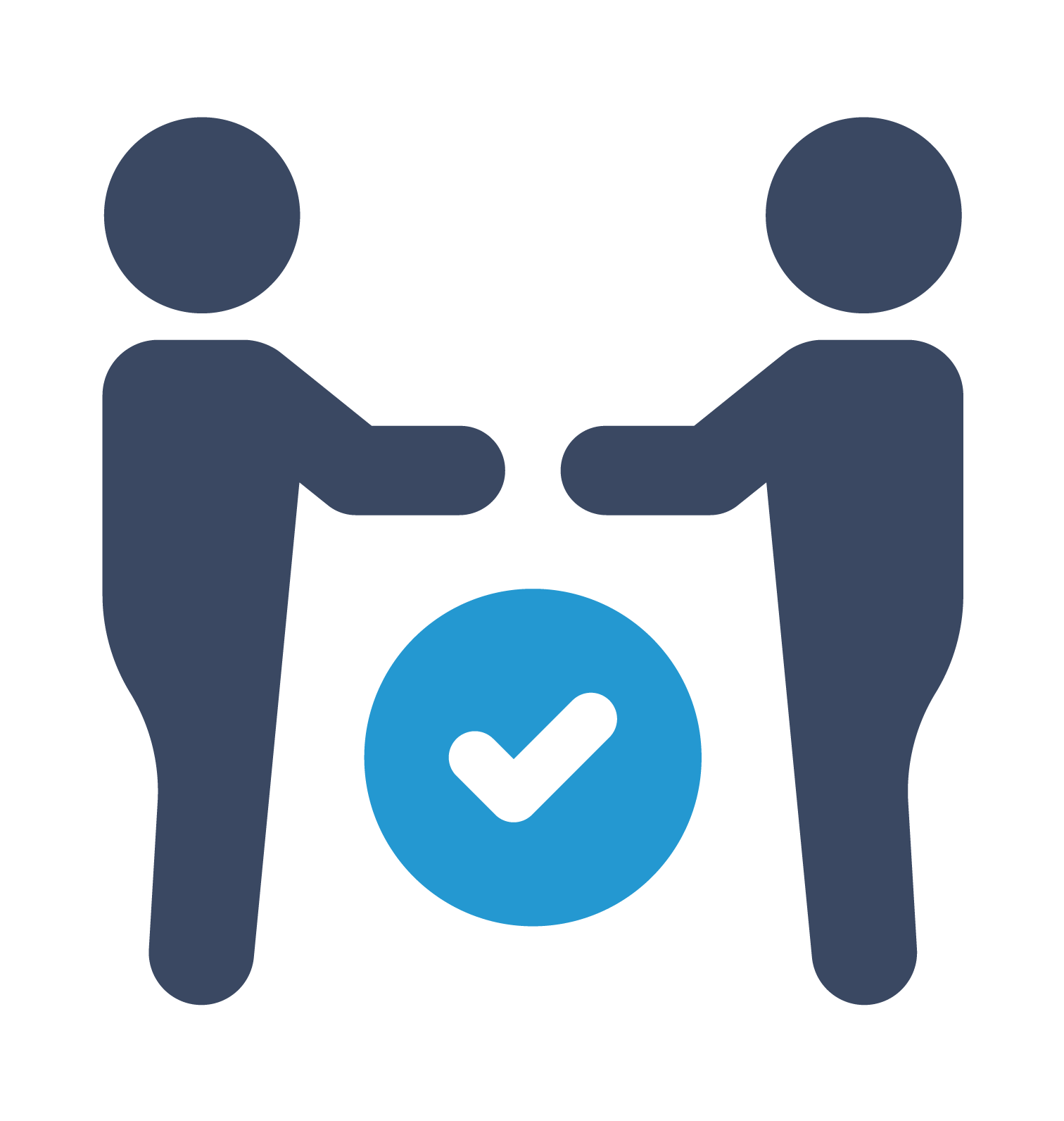 Two stylized blue figures facing each other with a blue circle containing a white checkmark between them.