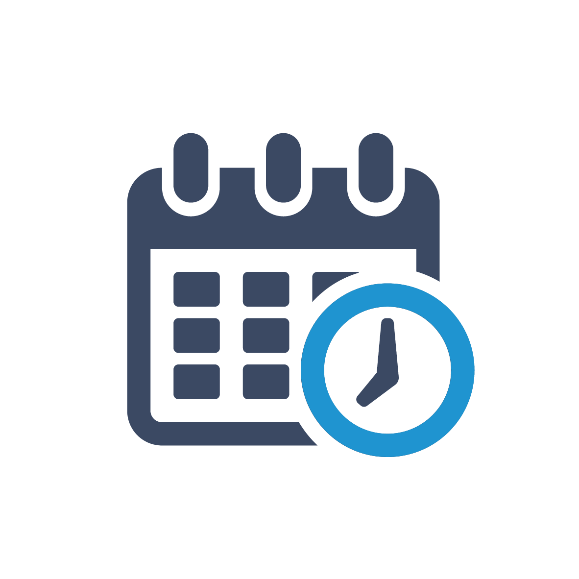 Calendar icon with clock overlay, blue and white.