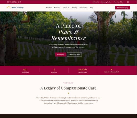 Homepage for All Lies Cemetery featuring a memorial site background, mission text, and quick-link buttons.