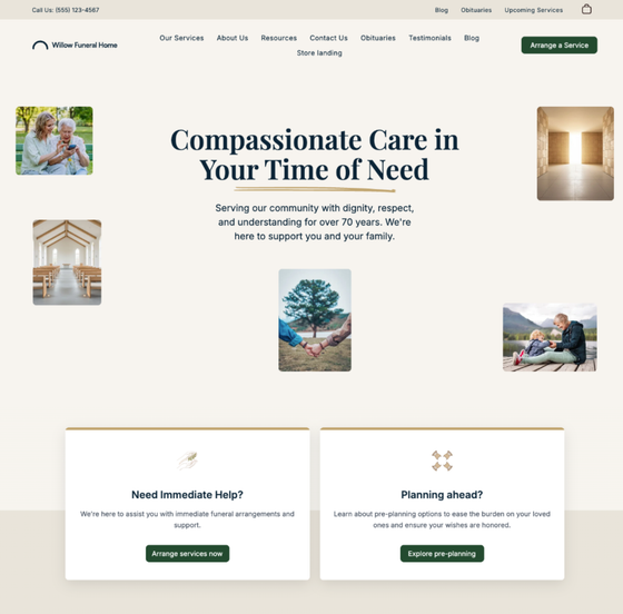 Homepage for Rookwood General Cemeteries Reserve Trust, featuring a tranquil cemetery landscape and service options.