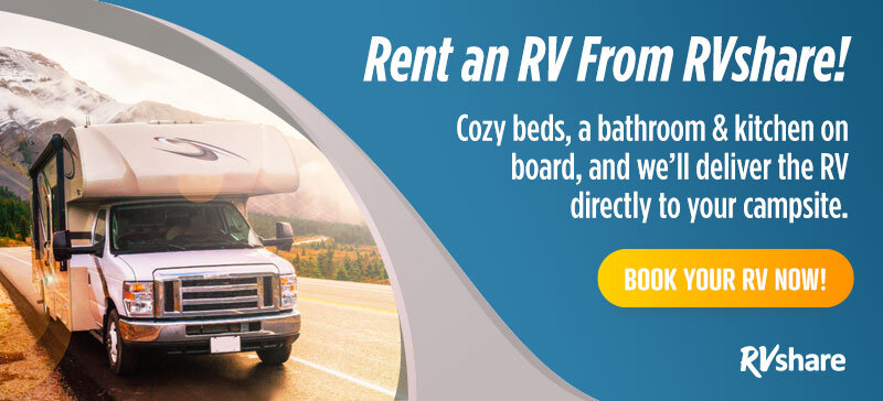 RVShare ad: white RV on road, blue sky background, and orange “BOOK YOUR RV NOW!” button.