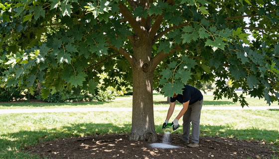 “Worker applying plant health care treatment at the base of a mature shade tree as part of tree services in Saratoga Springs, UT”