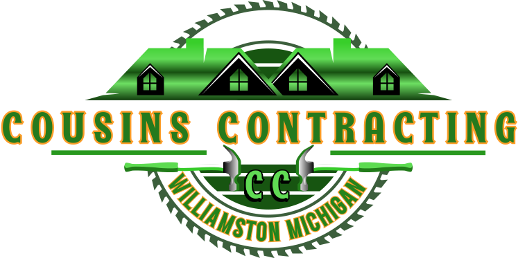 Cousins Contracting logo with green houses and text, featuring C.C. and Williamston, Michigan
