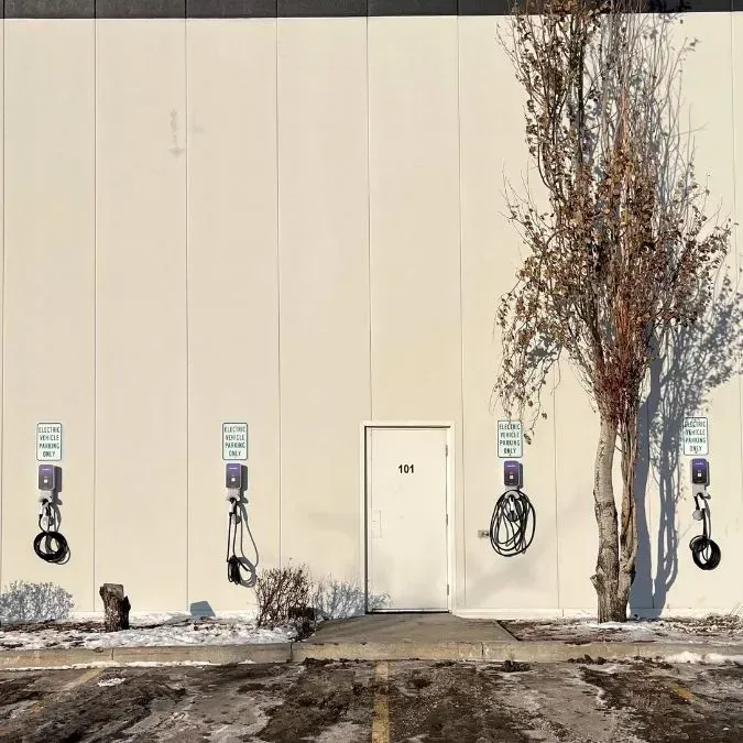 Exterior of a building with electric vehicle chargers. A tree and a door are also visible.