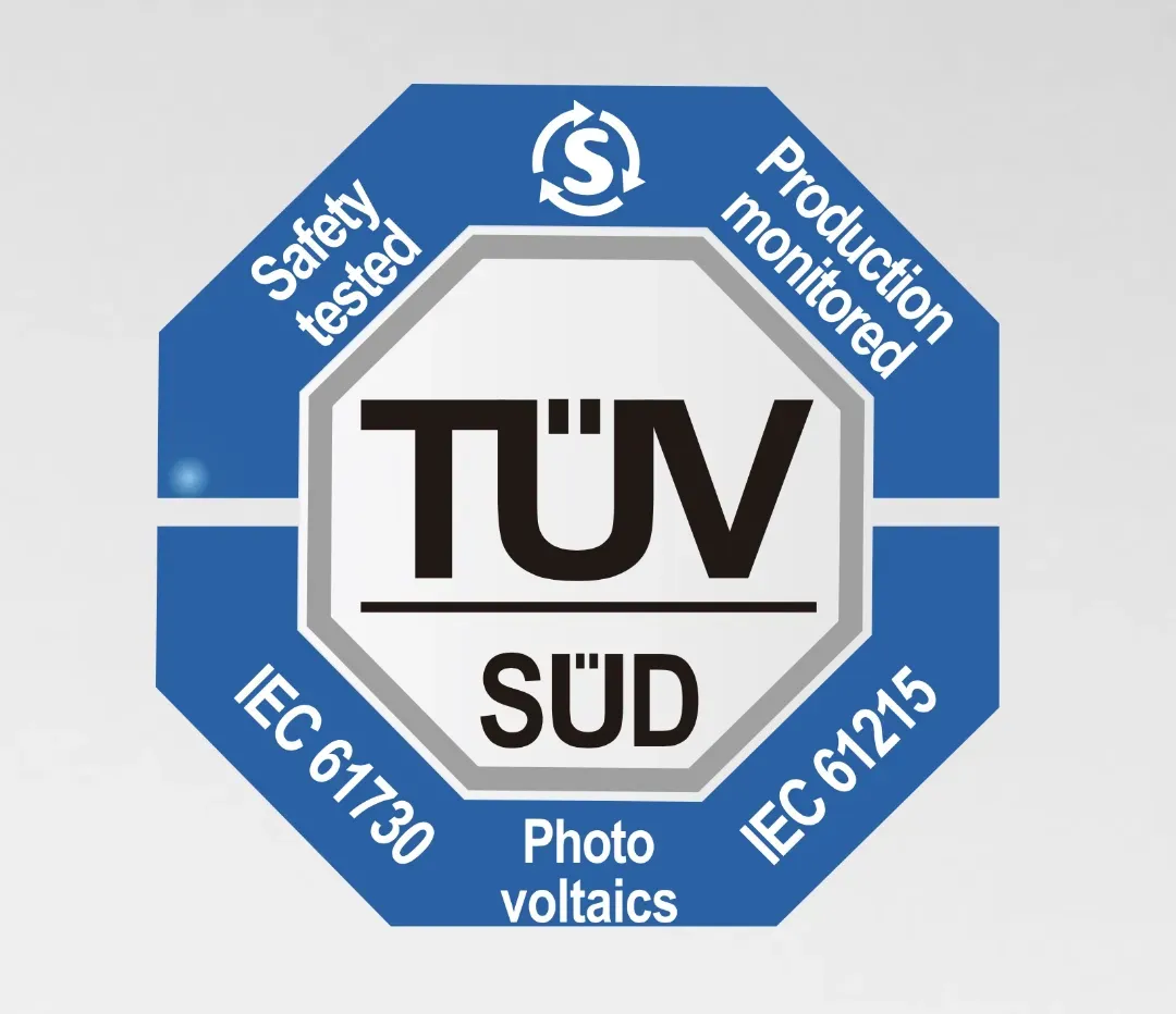 TÜV SÜD certification mark for photovoltaics, blue and white, with text 