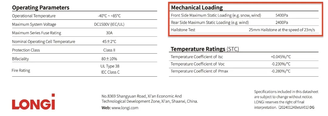 Solar panel specifications table. Displays operating parameters, mechanical loading, and temperature ratings. 