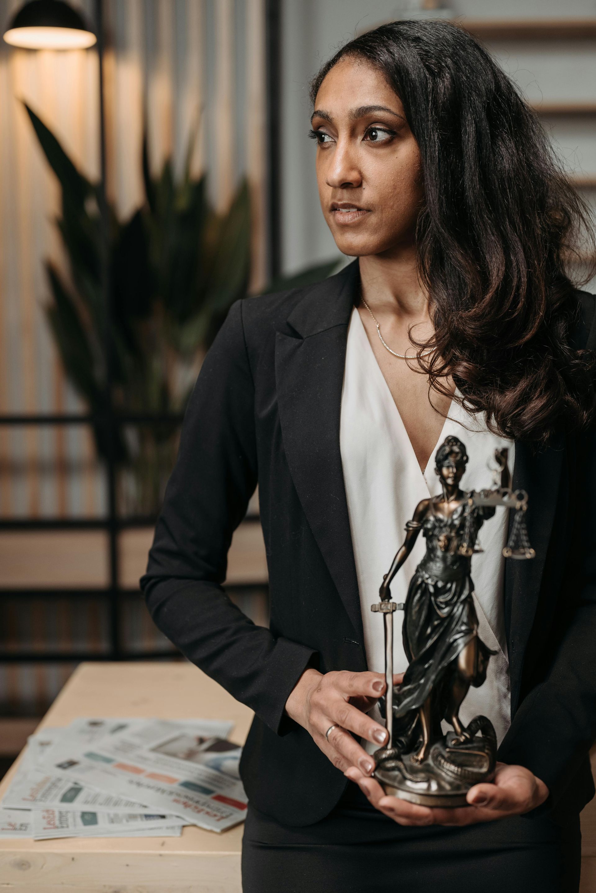 Woman in a blazer holds a Lady Justice statue, looking away. Indoors, newspapers and plants are in the background.