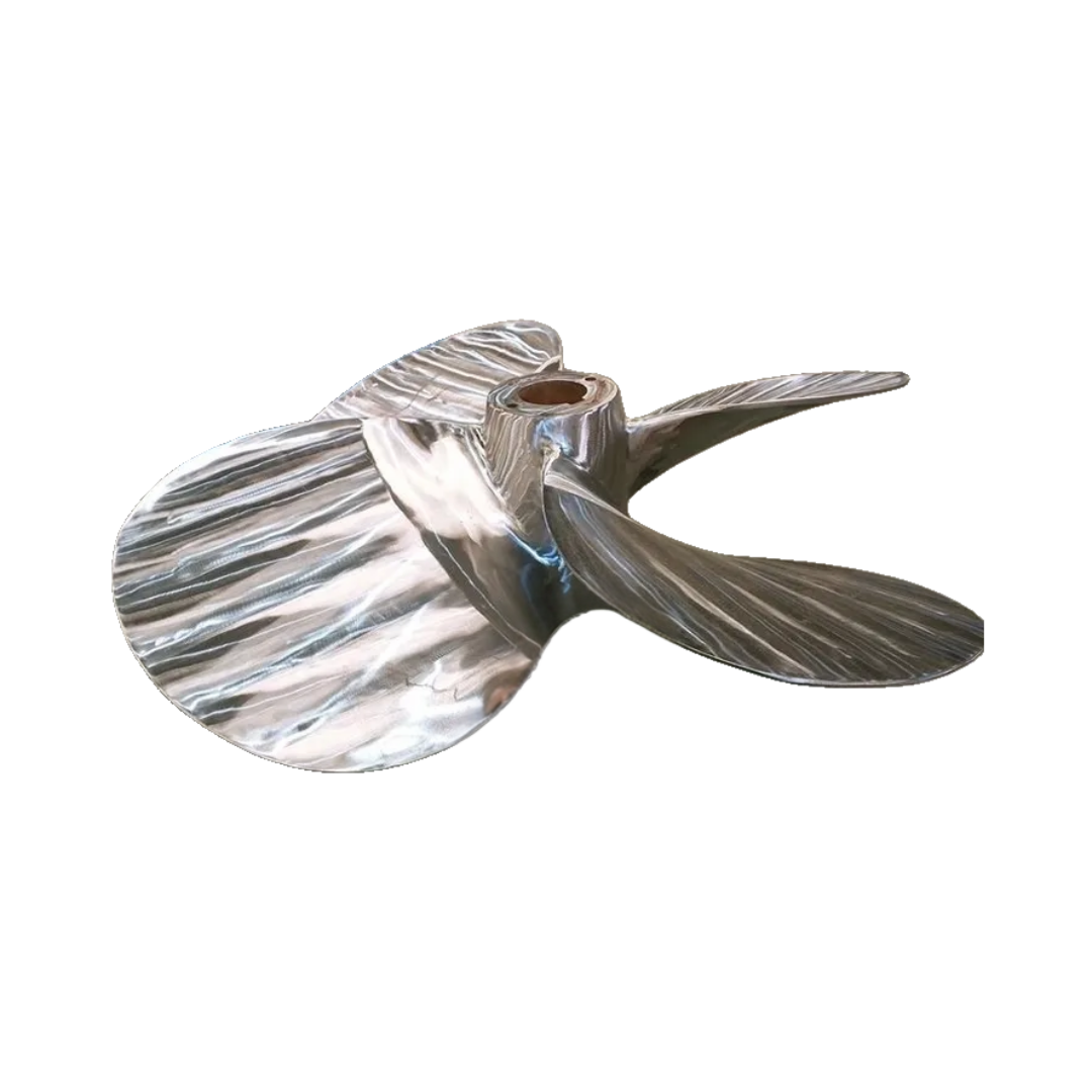 A close up of a metal propeller on a white background.