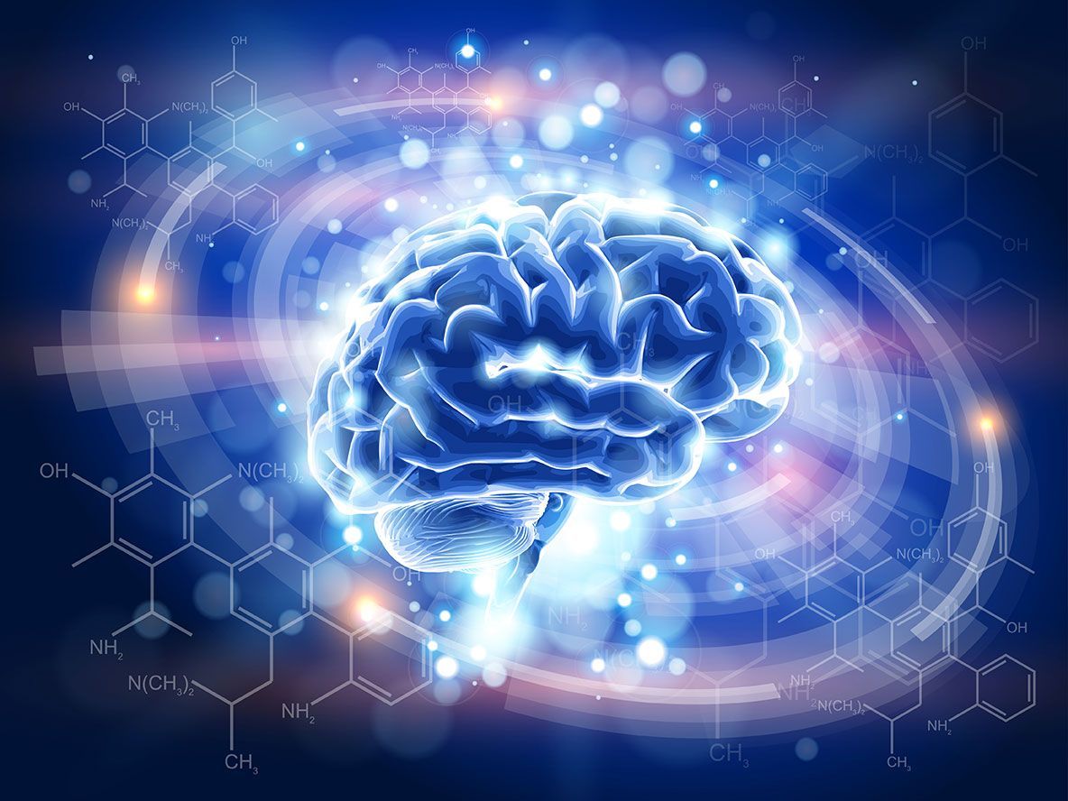 Glowing blue digital brain surrounded by light swirls and hexagonal tech patterns