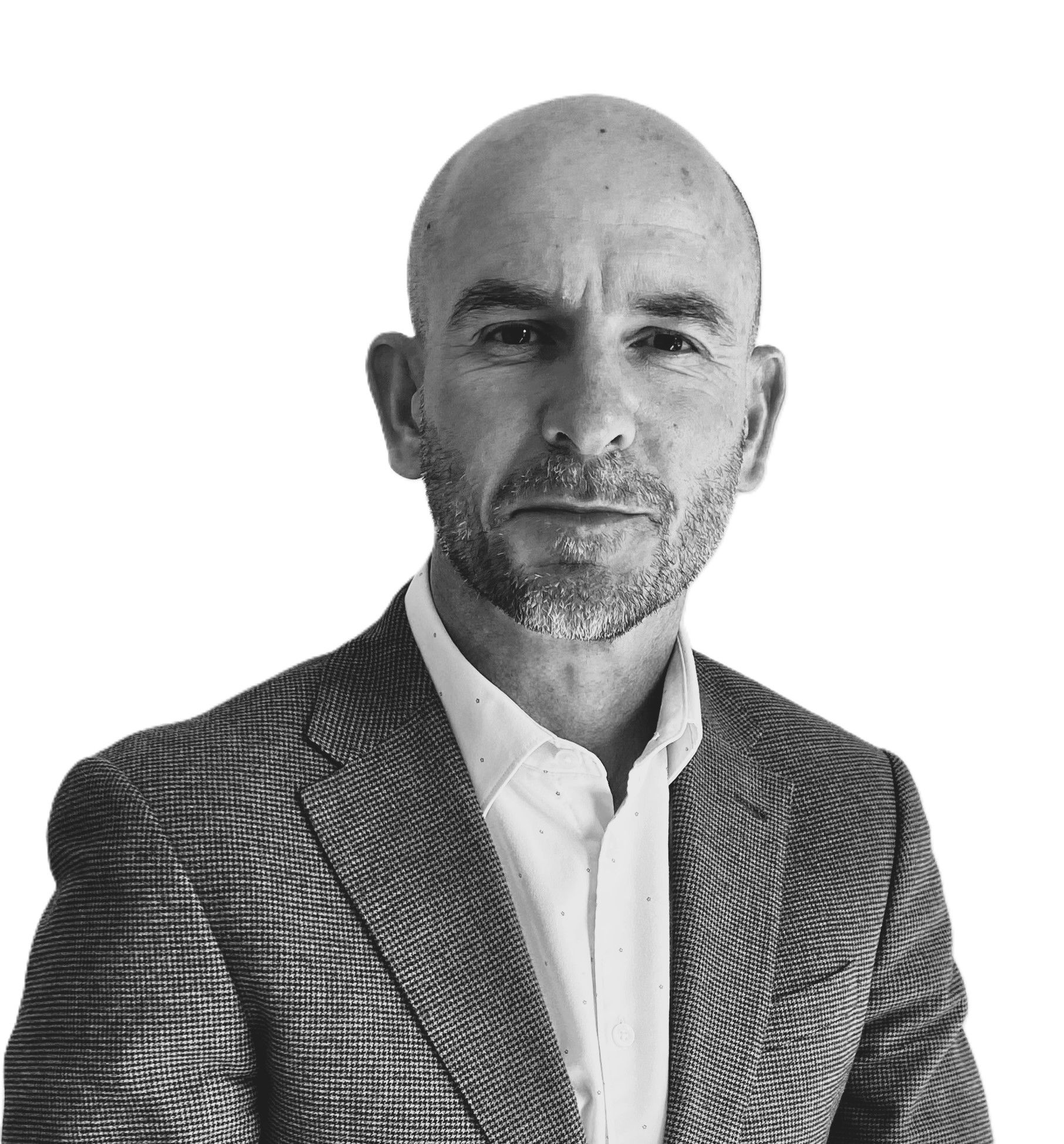 Portrait of a bald man in a patterned blazer and white shirt against a white background