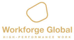 Workforge Global logo with black abstract icon and tagline “Building high-performance work”