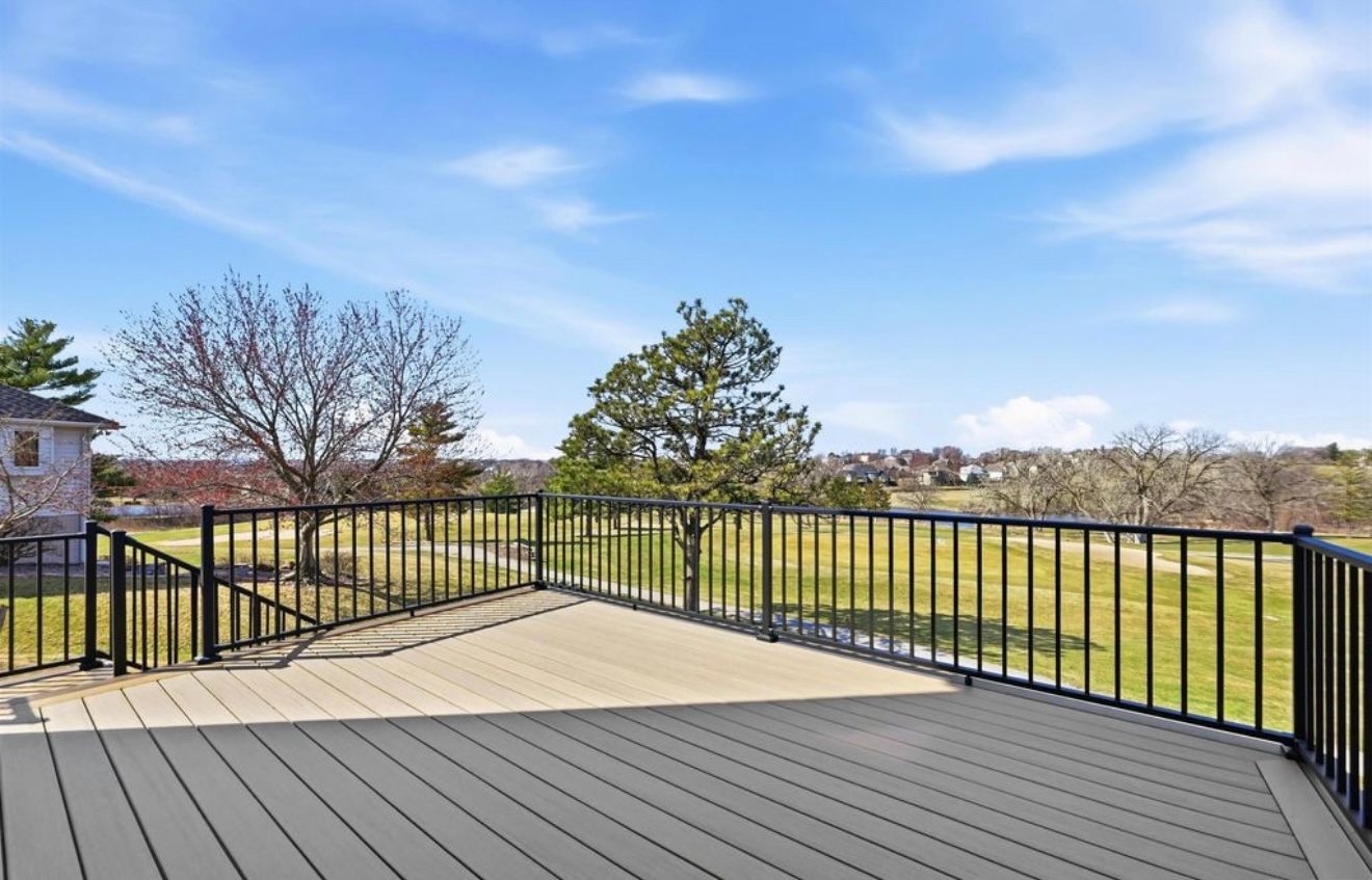Back patio deck with black railing overlooking a grassy yard and trees under a blue sky
