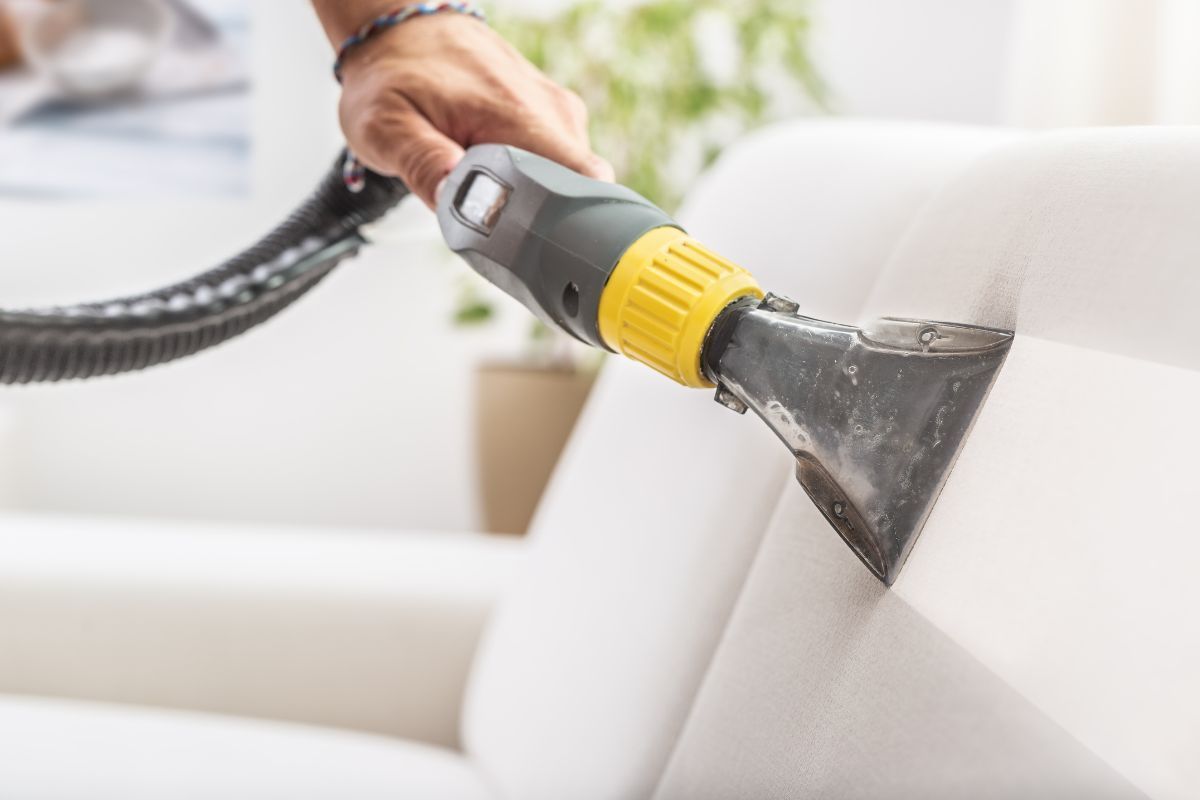 Handheld upholstery cleaner vacuuming a white sofa cushion