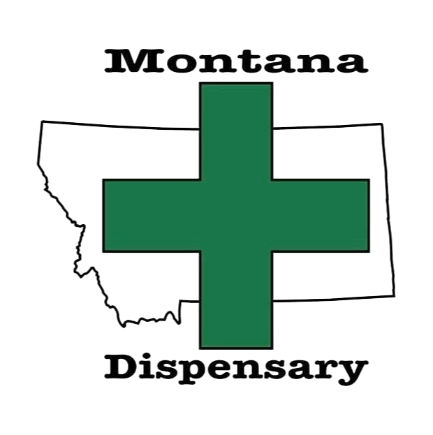 A map outline of Montana with a large, green medical cross in the center, labeled "Montana Dispensary."