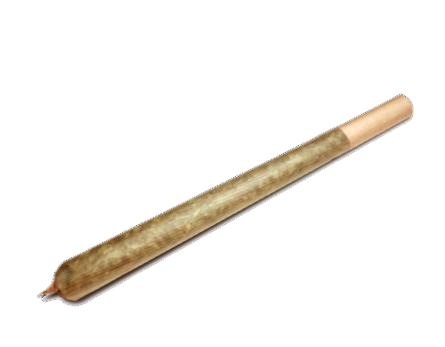 A single, thin, greenish-brown rolled cigarette with a paper filter tip, isolated against a white background.