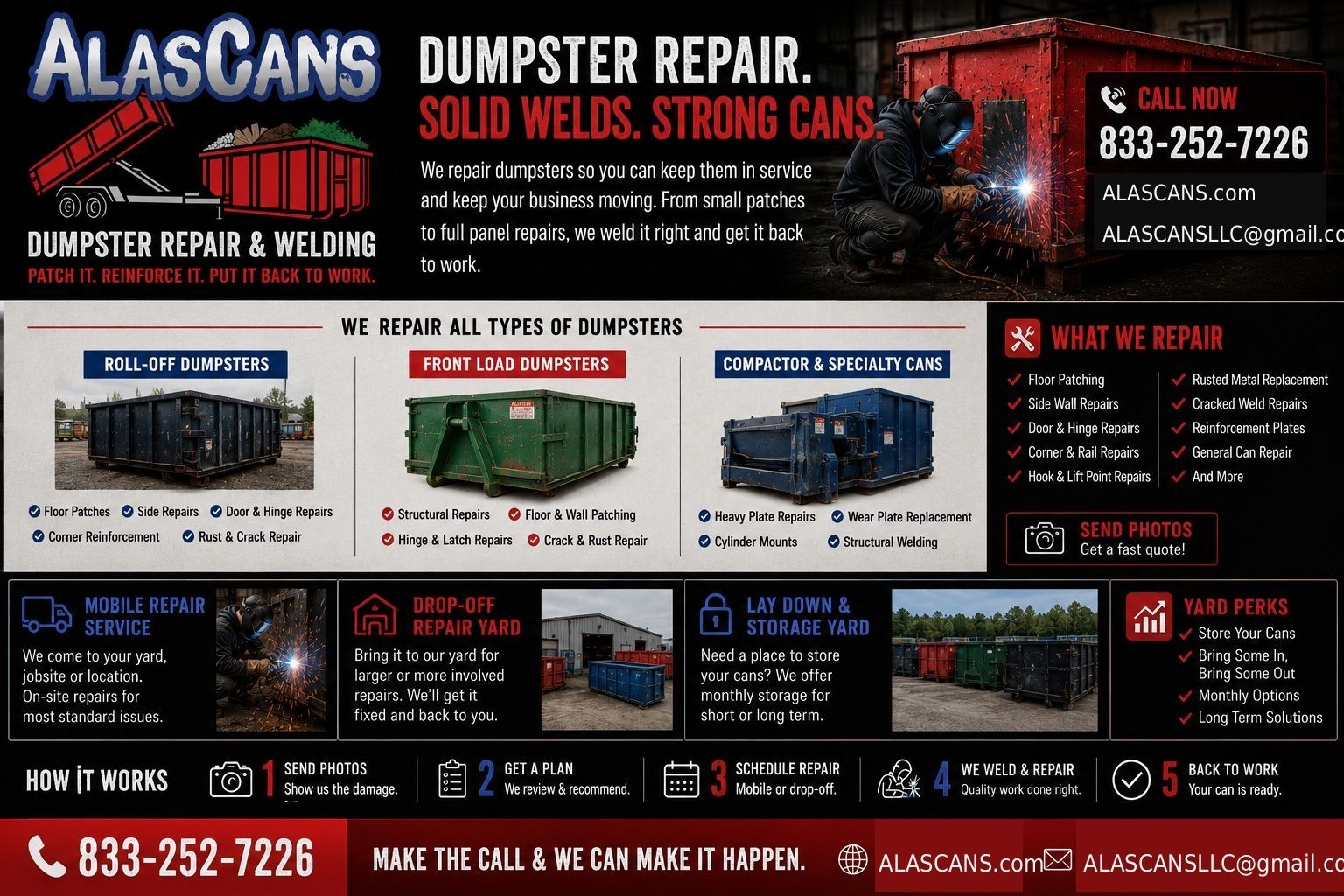 AlasCans dumpster repair ad with red-and-black design, service photos, and phone number 833-252-7226