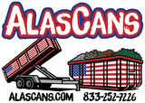 Alascans logo with red-and-white dump trailer, gravel load, website, and phone number on white background
