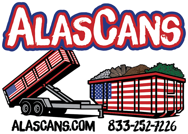 Alascans logo with red-and-white dump trailer, gravel load, website, and phone number on white background