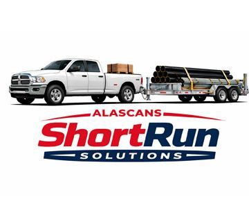 Alascans ShortRun Solutions logo with a white pickup towing a trailer of pipes and logs