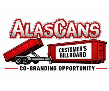 ALASCANS logo with red truck and billboard reading “Customer’s Billboard” and “Co-Branding Opportunity”