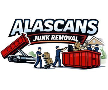 ALASCANS Junk Removal logo with workers loading furniture into red dumpsters and a truck
