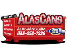 Alascan rental ad sign with red logo, rent options, website, phone number, and “order online” badge
