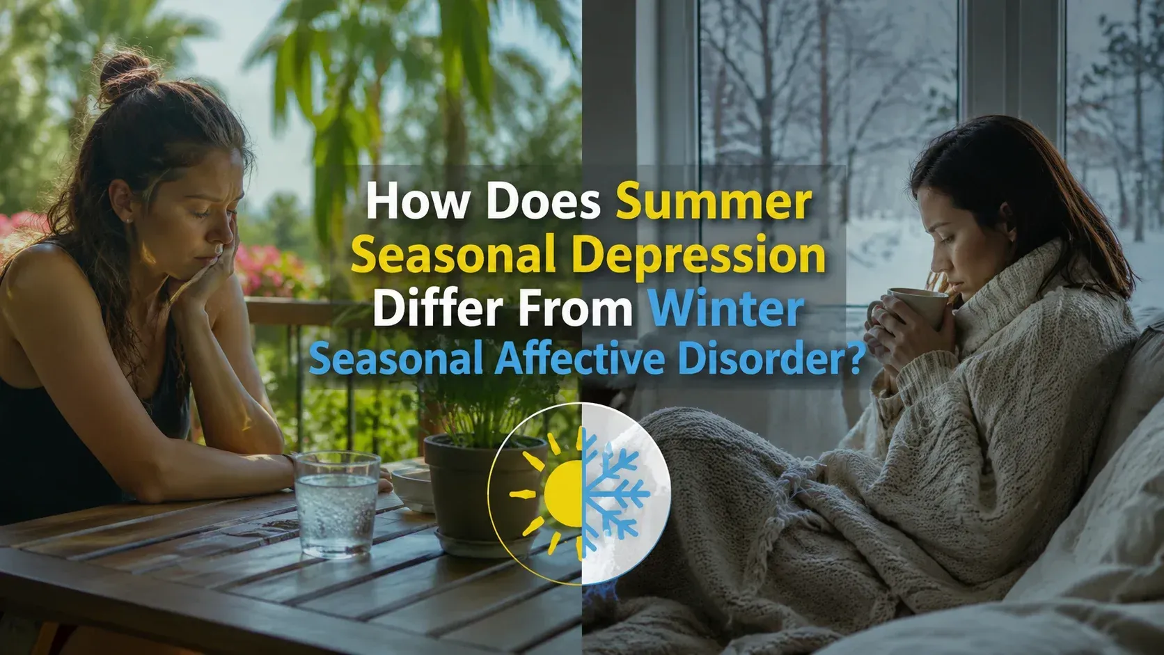 A split-screen graphic titled 'How Does Summer Seasonal Depression Differ From Winter Seasonal Affective Disorder?'. The left side shows a warm, sunlit outdoor patio with a hot beverage on a table and a bright sun icon, while the right side depicts a woman indoors wrapped in a cozy blanket holding a warm mug next to a snowflake icon.