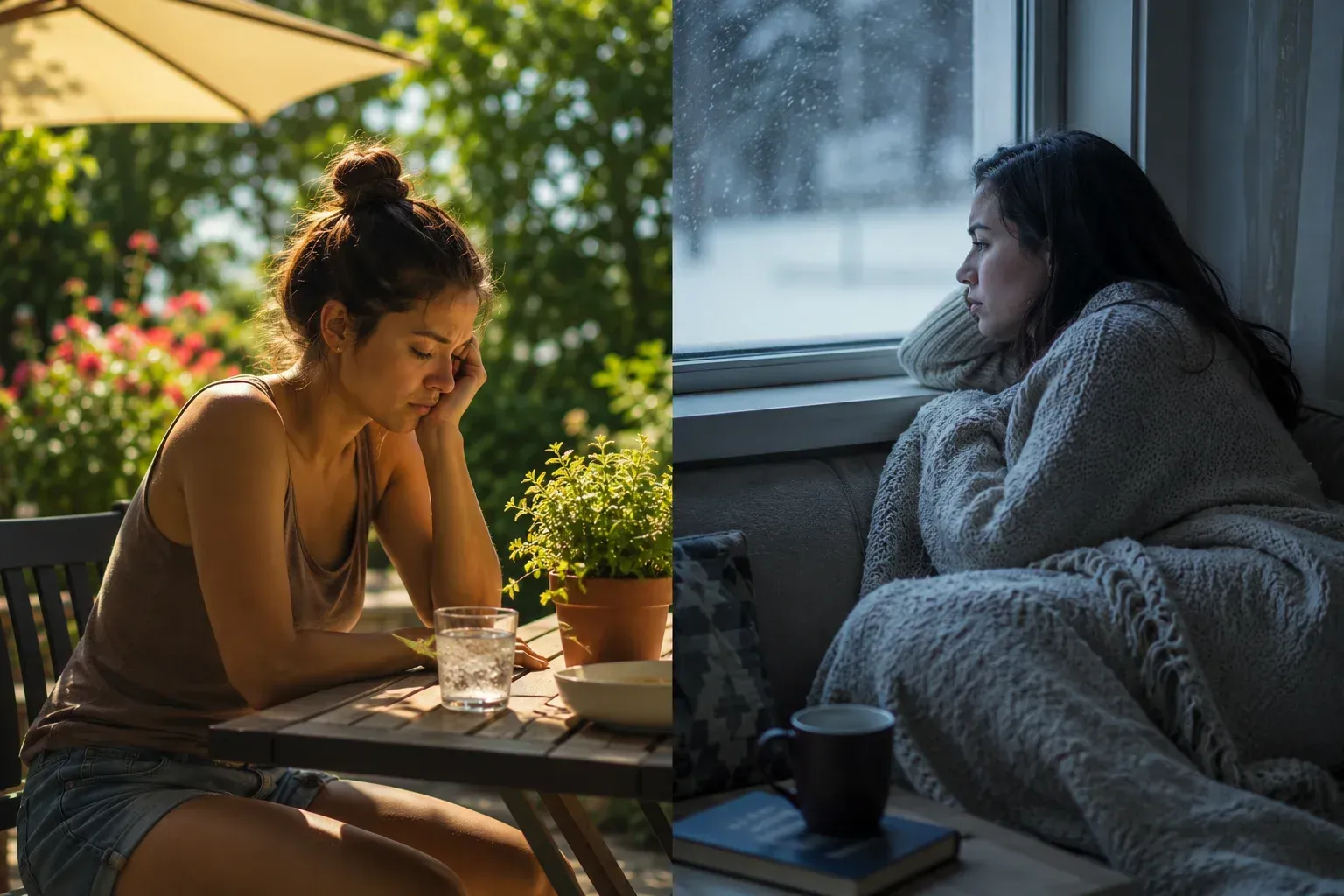 Split-screen graphic contrasting summer seasonal depression with winter blues.