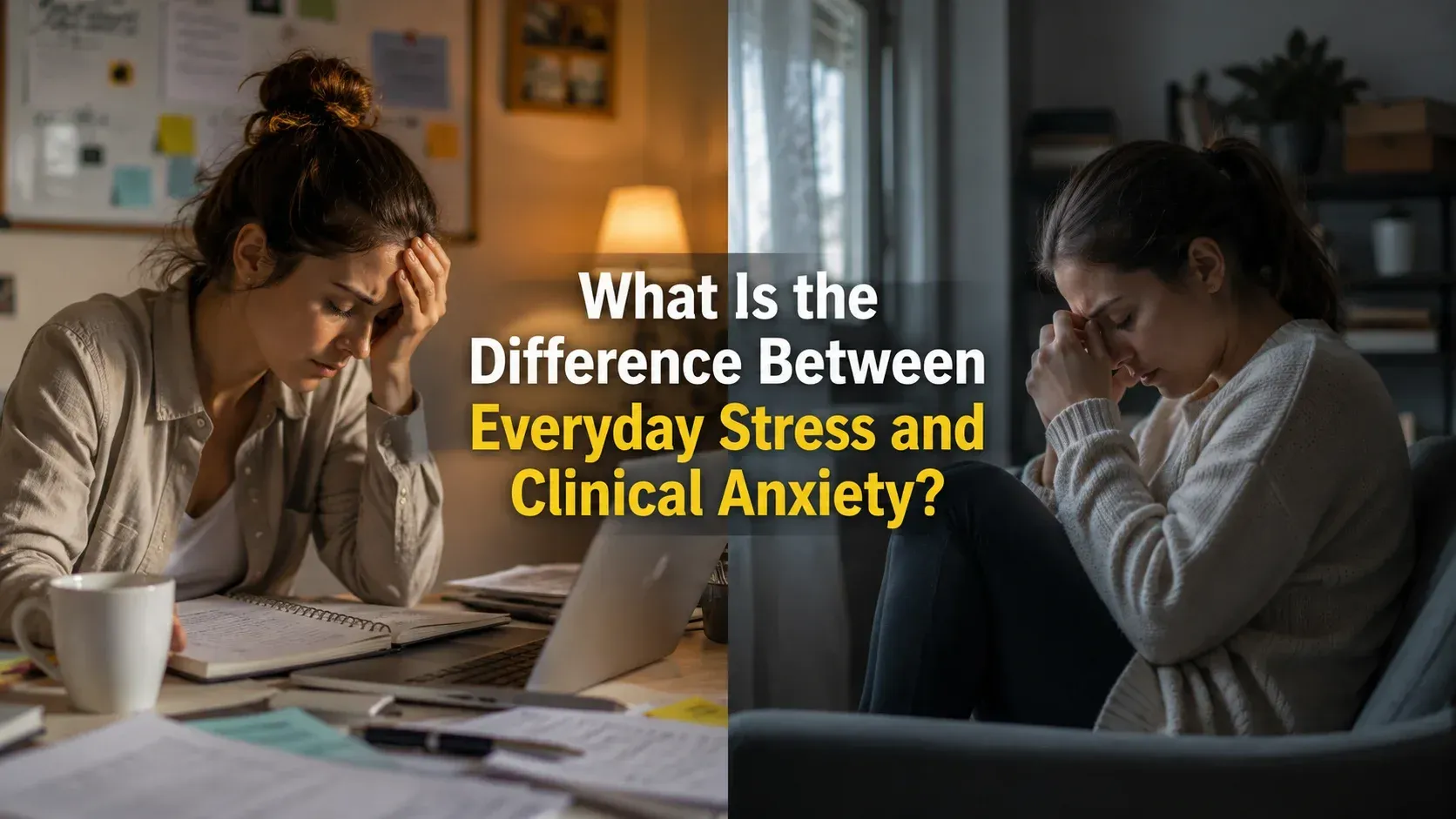 A split-screen graphic titled 'What Is the Difference Between Everyday Stress and Clinical Anxiety?'. The left side shows a woman at a desk looking stressed with her hand on her forehead next to a laptop and mug, while the right side shows a woman sitting on a couch in a dim room holding her face in distress.