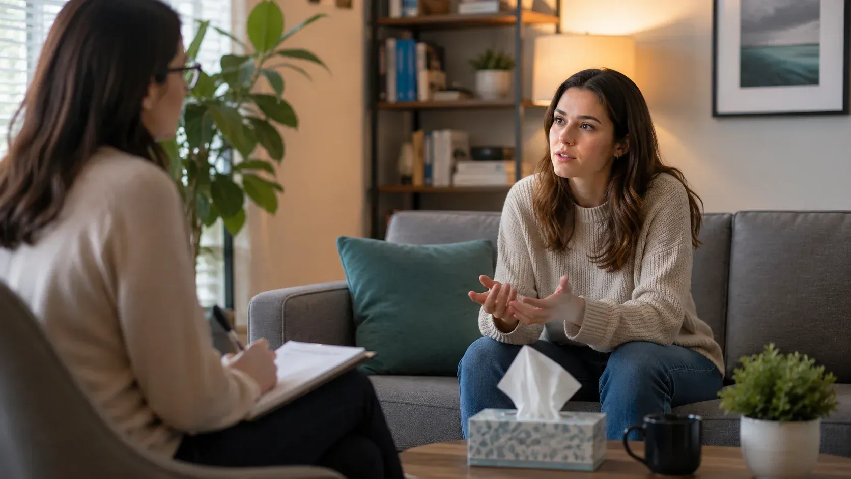 Woman speaking with a therapist in an office, wondering how long does therapy take.