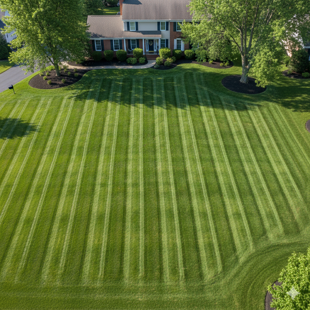 Aerial view of a suburban house with a neatly striped green lawn and trees.