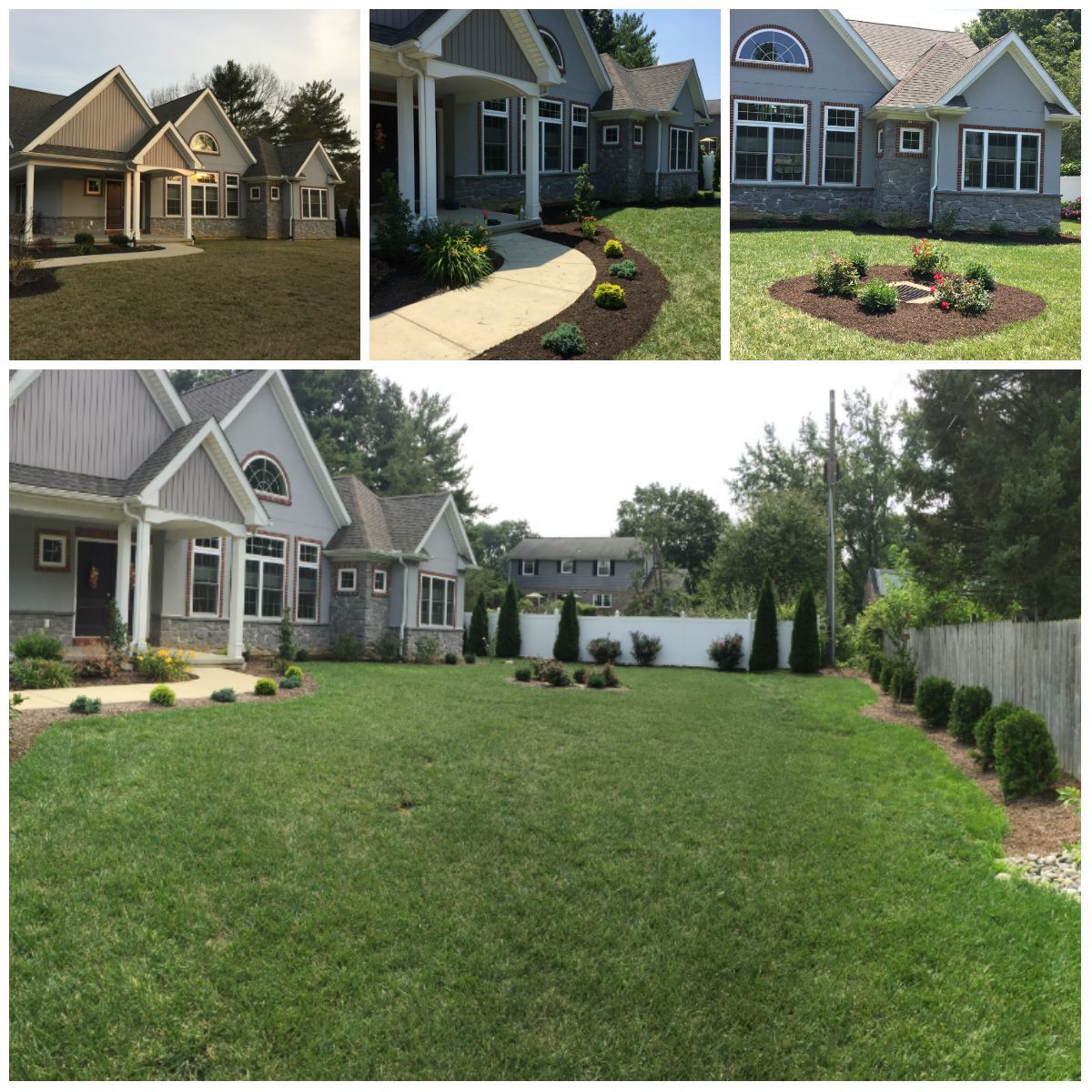Collage of a gray house with various landscaping designs, including trimmed bushes and flowerbeds.