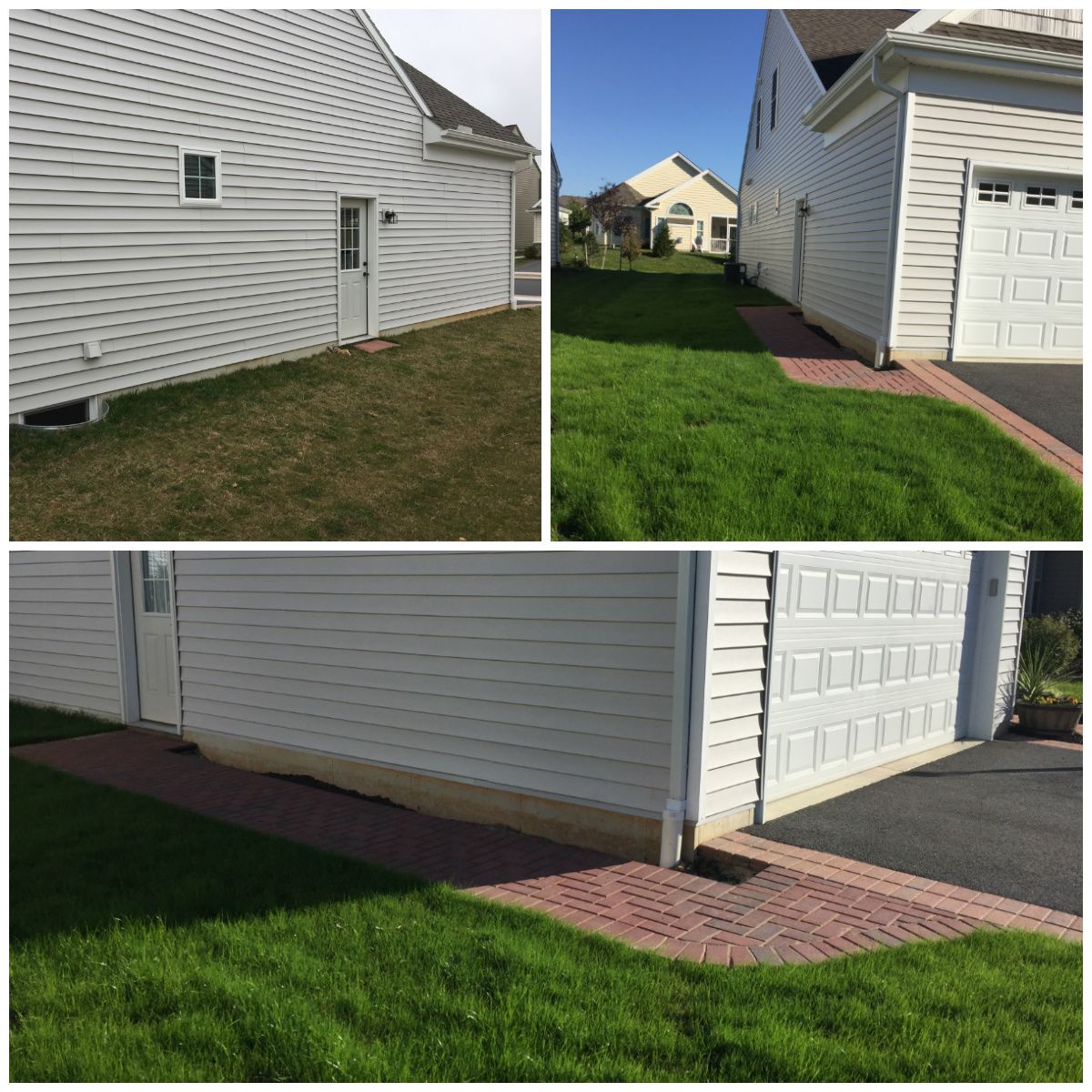 A before and after picture of a house with a brick walkway