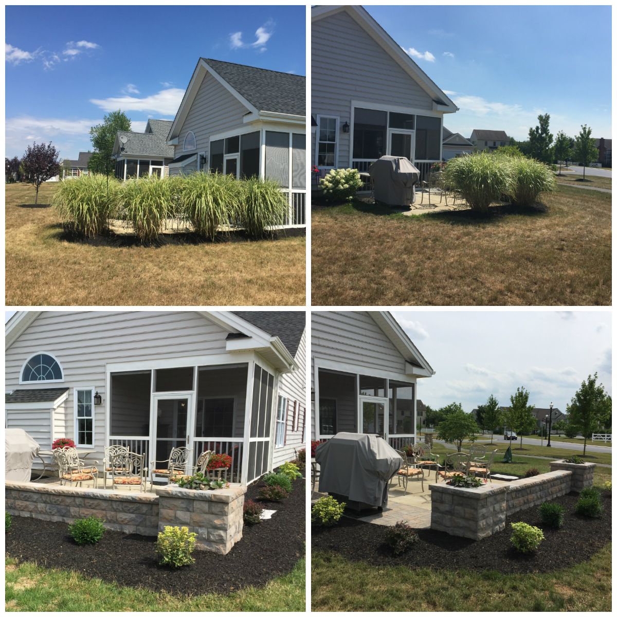 Four pictures of a house with a screened in porch